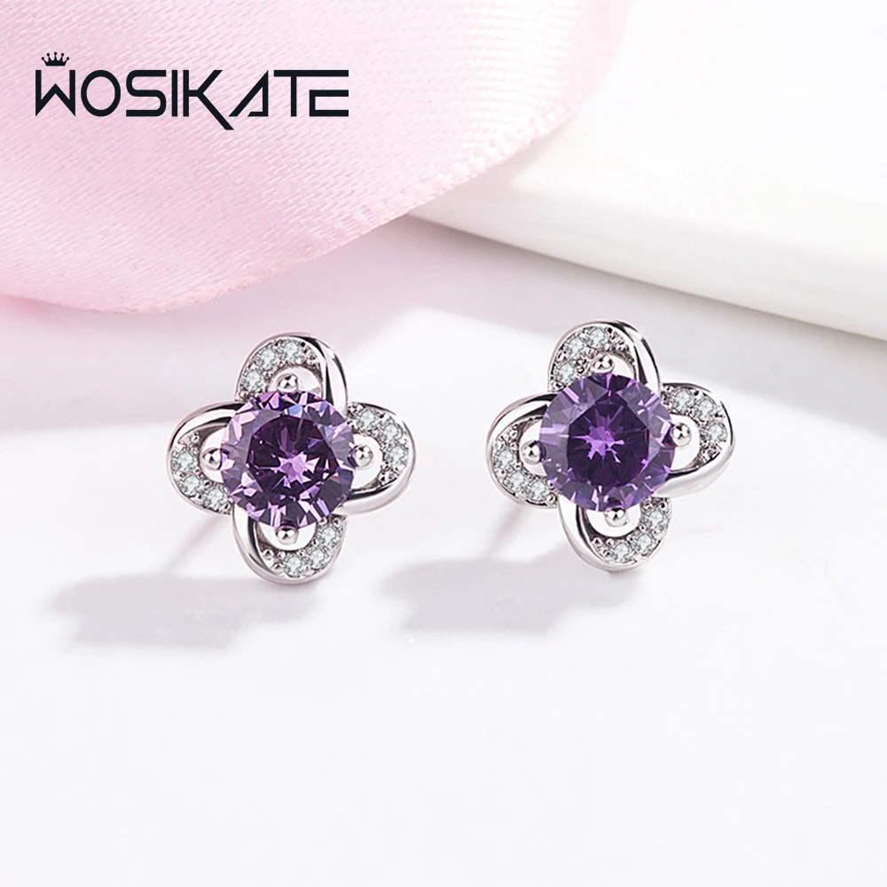 

WOSIKATE Korean 925 Sterling Silver Four-leaf Clover Stud Earrings For Women Fashion Jewelry Set Zirconia Personality Earrings
