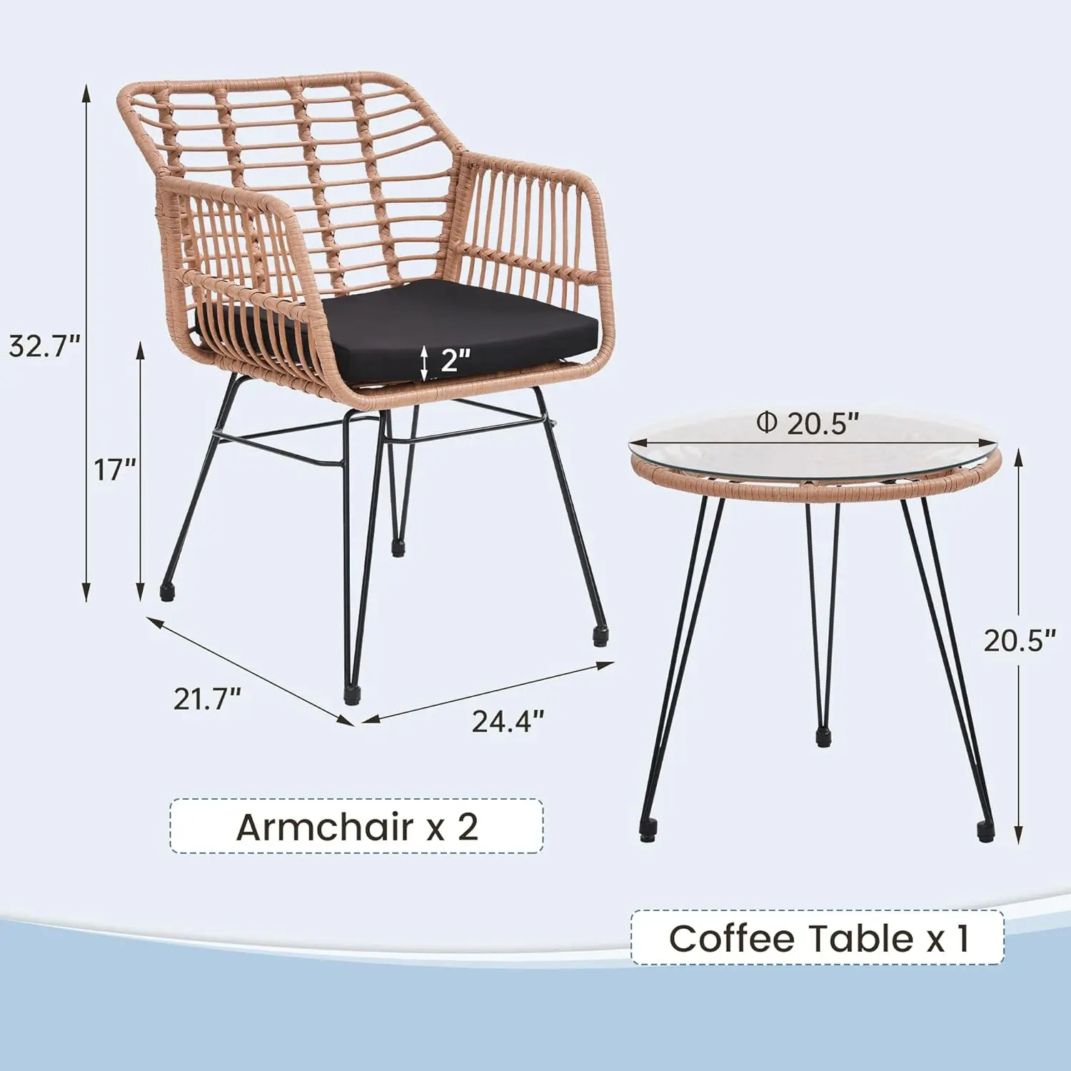 مجموعة أثاث Wicker Patio Bistro مكونة من 3 قطع، تتضمن كرسيين من الخيزران وطاولة علوية زجاجية، مثالية للشرفة والخارجية والفناء الخلفي