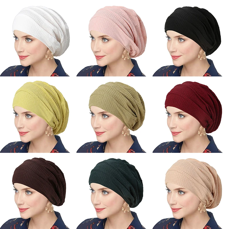 Trendy Versatile Crinkle Women's Solid Color Hijab Turban Elastic Indian Islamic Bonnet Head Wrap Scarf Chemotherapy Care Cap
