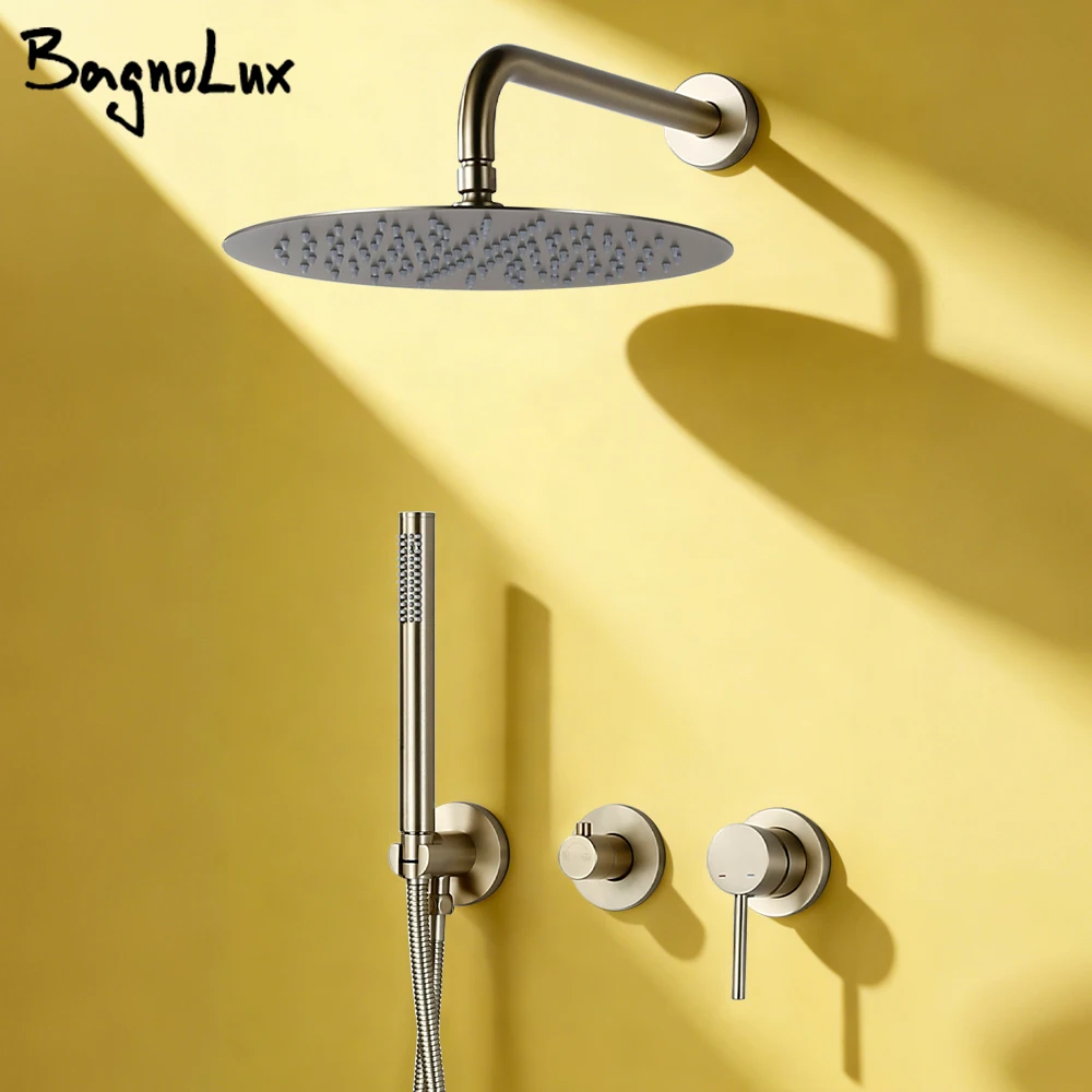 

Bagnolux Wall Mounted Brass Brushed Gold Water Contral Valve Rain Shower Head Handheld Holder Hose Bathroom Faucet