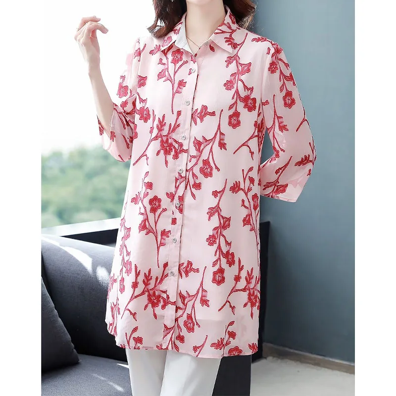 Elegant Fashion Printed Single-breasted Blouse Summer Women\'s Clothing 3/4 Sleeve Casual Loose Polo-Neck Chiffon Shirt Female