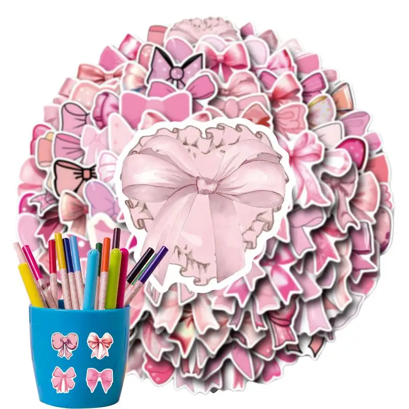 110pcs cartoon cute pink bow creative stickers to decorate luggage water cup computer waterproof Aesthetic  bow stickers