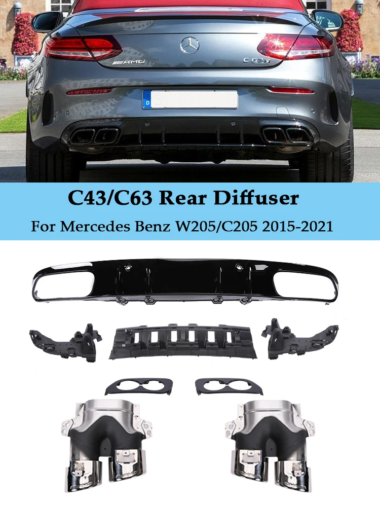 C63 C43 Style Rear Diffuser With Exhaust Pipes AMG Look For Mercedes Benz C Class W205 C205 S205 A205 Sedan Coupe 2015-2021