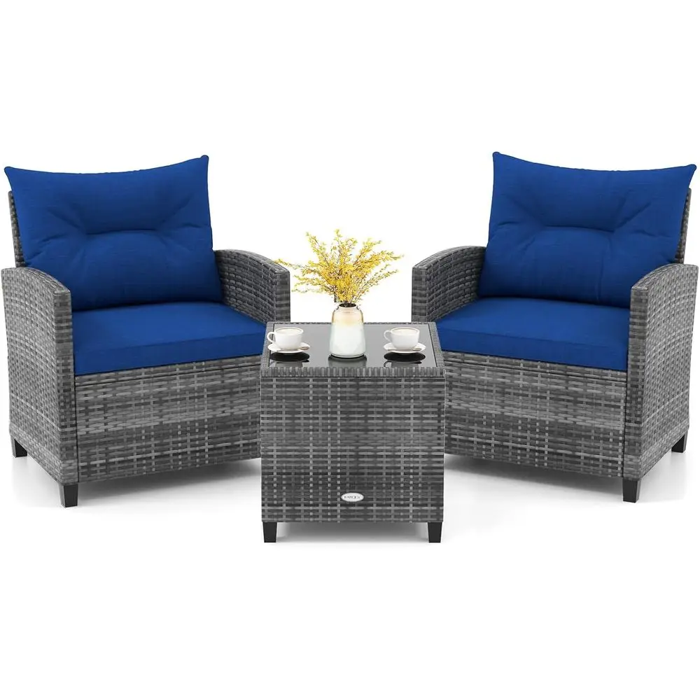 3-Piece Outdoor PE Rattan Patio Furniture Set with Cushions and Tempered Glass Top for Garden, Balcony (Navy)