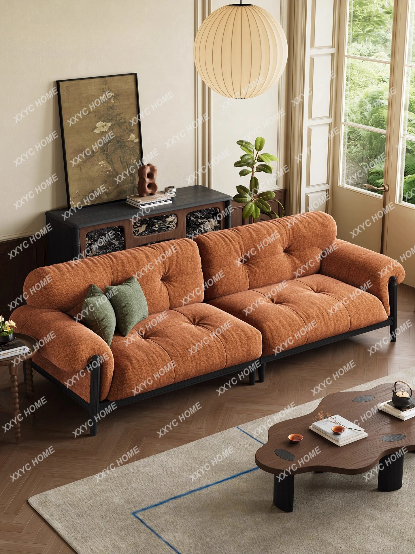 Solid wood fabric sofa living room straight row three people can be disassembled and washed