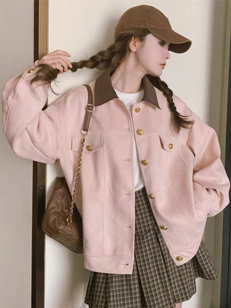 

Sweet Pink Cargo Jacket Women Loose Vintage Preppy Style Long Sleeve Coat American Retro Fall Winter Female Casual Outwear Tops