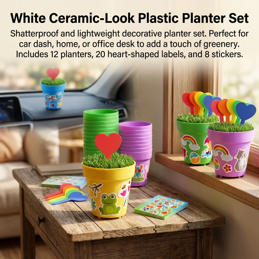 Shatterproof Mini Planters Ceramic Texture for Car Decor 12 Pack White Plastic Flower Pots DIY Stickers Faux Moss Garden