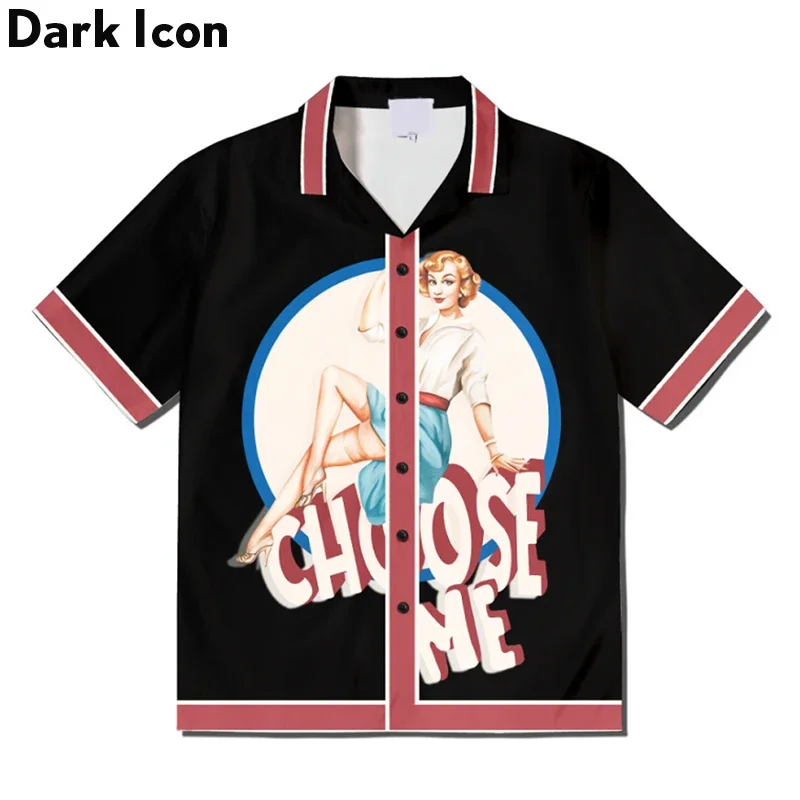 

Dark Icon Modern Girl Print Contrast Shirt Retro Polo Shirt Men's Loose Summer Top Black