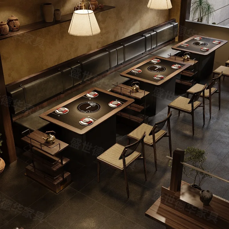 Hot pot table woven rattan chair solid wood induction cooker integrated hot pot table commercial card stove dining table