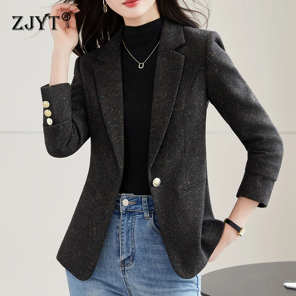 ZJYT Women's Autumn Winter Jacket Coat Vintage Long Sleeve Elegant Blazers Femme Plus Size Outerwears Casual Tops Lady Work Wear