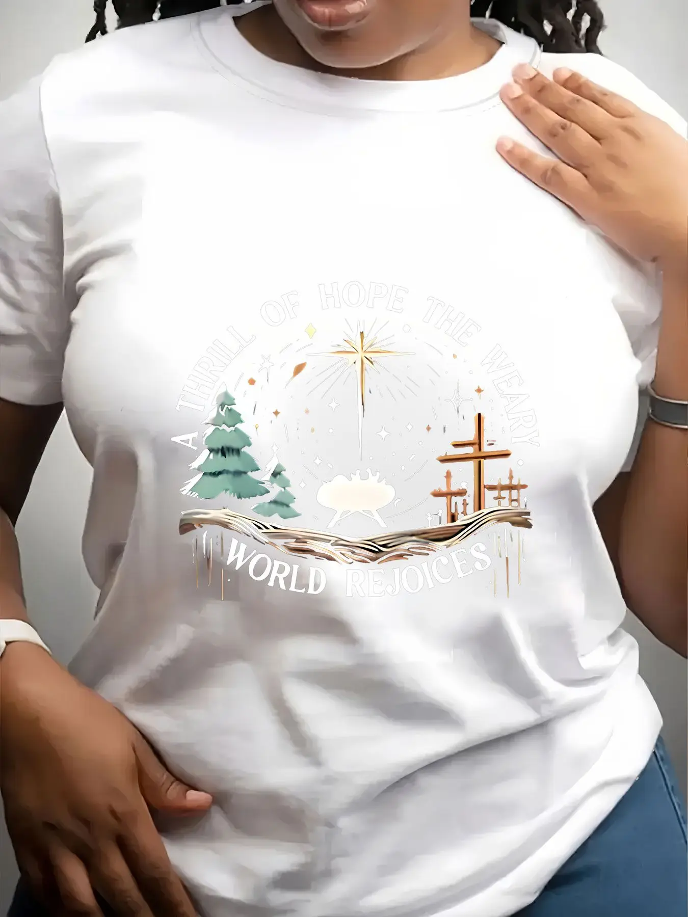 Women's Trendy Crew Neck T-Shirt a Thrill of Hope the Weary World Rejoices Suitable for Casual Sportswear