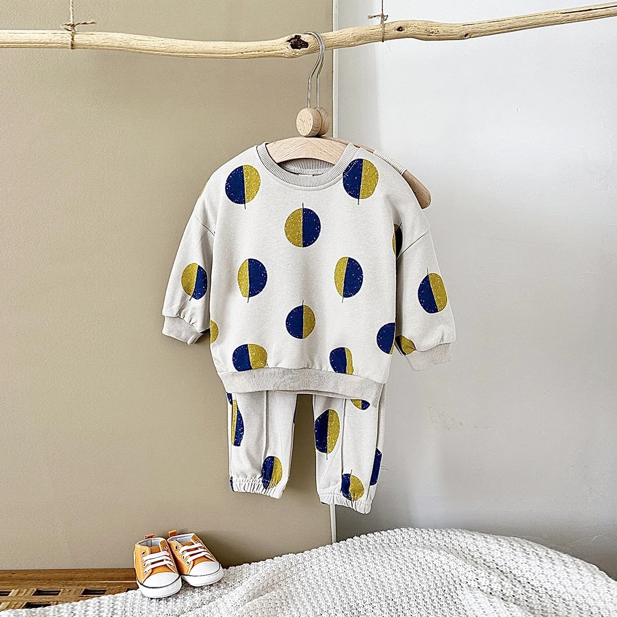 Unisex Toddler 2Pcs Outfit Geometric Circle Print Crew Neck Sweatshirt + Elastic Jogger Pants Baby Boys Girls Casual Tracksuit