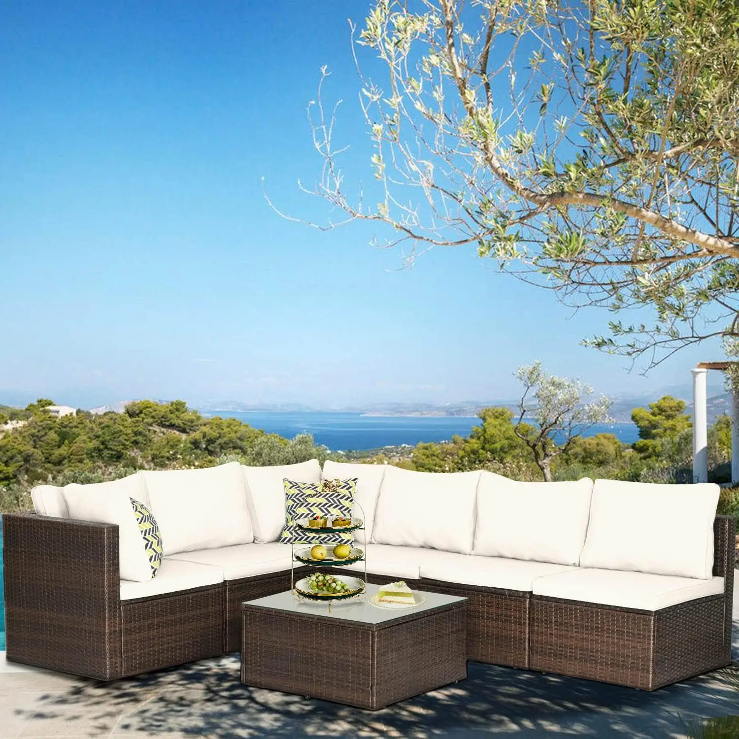 Terrasmeubelset 7 Stuks Rieten Conversatieset Sectionele Bank En Salontafel Rieten Conversatiesets