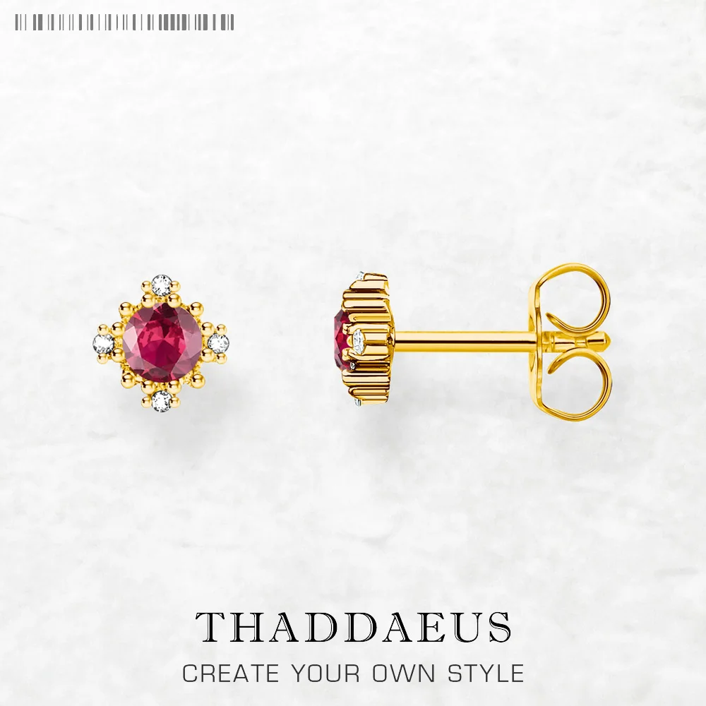 

Gold Plated Ear Studs Red Round Stones Europe Vintage Jewerly For Women New Gift In Pure 925 Sterling Silver