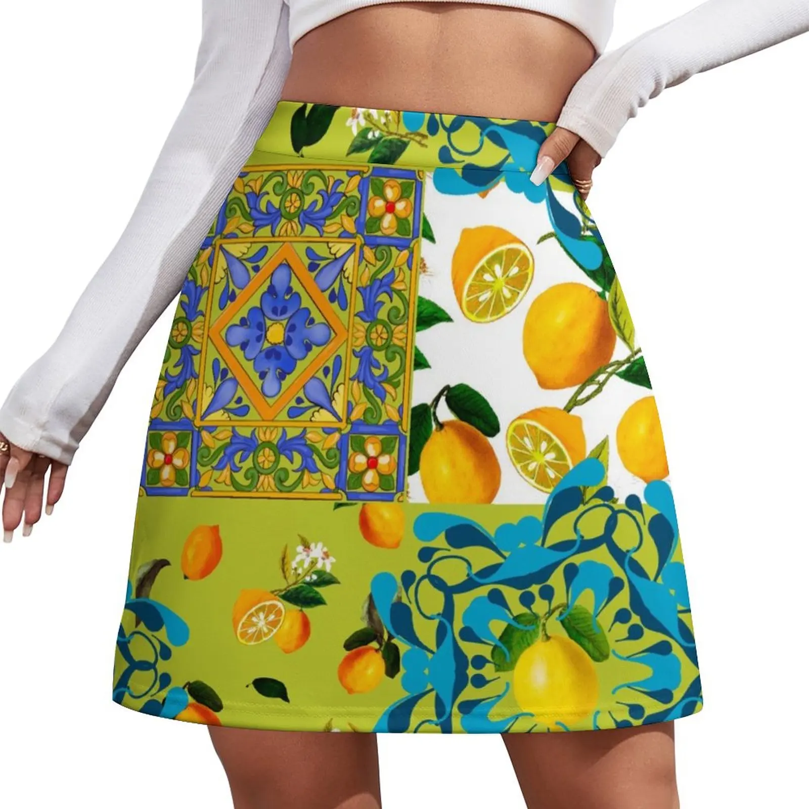 

Majolica,Lemons,citrus,flowers,tiles,summer , Mini Skirt women's skirts trend 2025 skirt for woman Korean skirts