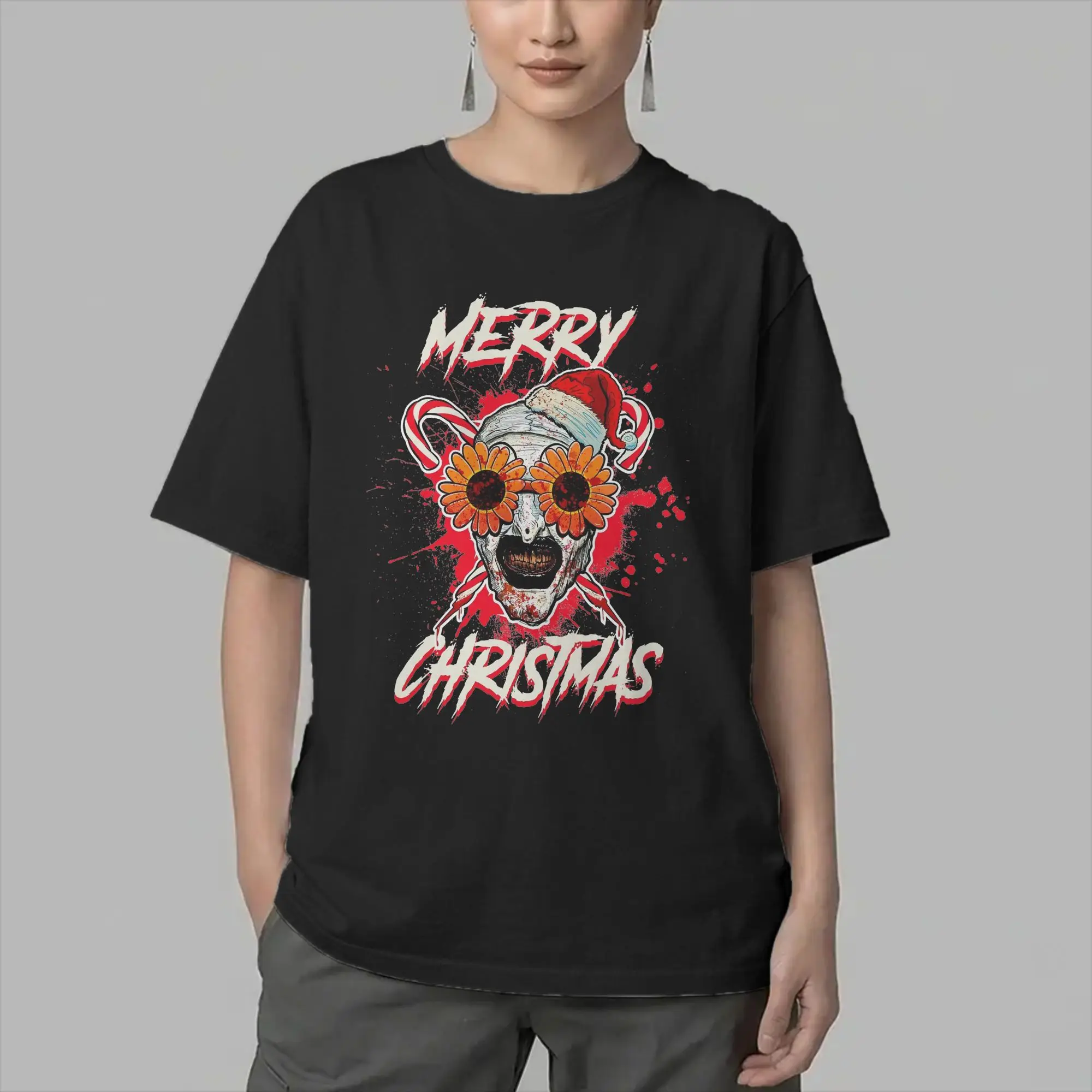 Men Merry Xmas Sunflower Horror Clown Movie Terrifiers T Shirt Halloween Cotton Clothes Short Sleeve Crew Neck Tee Shirt T-Shirt