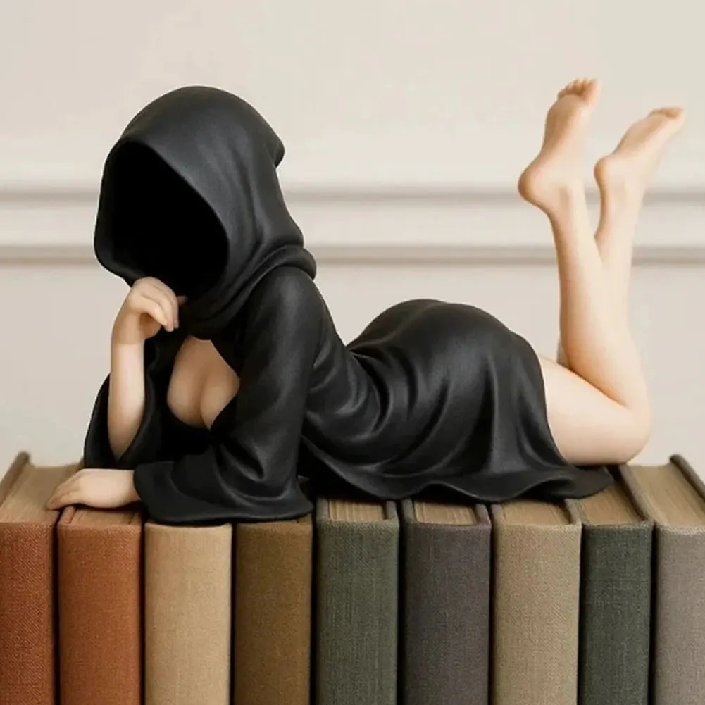 القوطية الغامضة تمثال الموت الأسود رداء الملكة الشكل رف الكتب سطح المكتب الراتنج الحلي يجلس مثير المرأة النحت ديكور المنزل