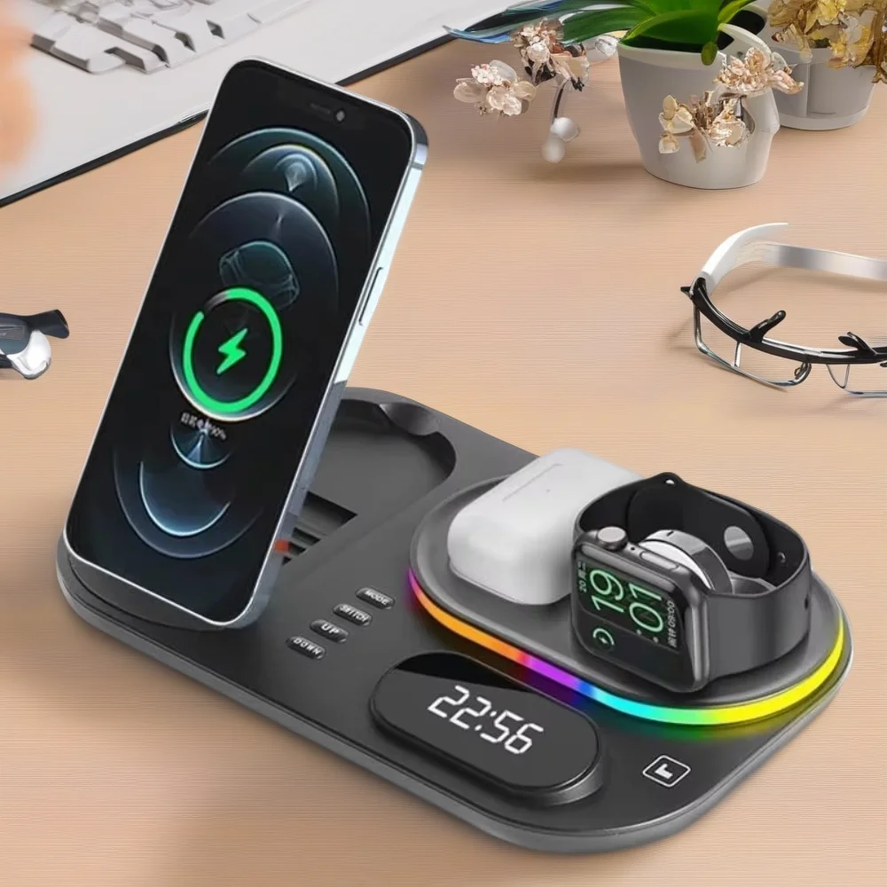 Wireless Chargers Clock 4 in 1 For iPhone 17/16/15/14/13 Pr Max Fast Wireless Charging Station For Apple Watch Night light