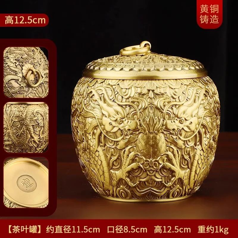 Pure Brass Hundred Blessings Wealth Tea Canister with Lid Brass Rice Jar Extra Large Treasure Bowl Tea Box