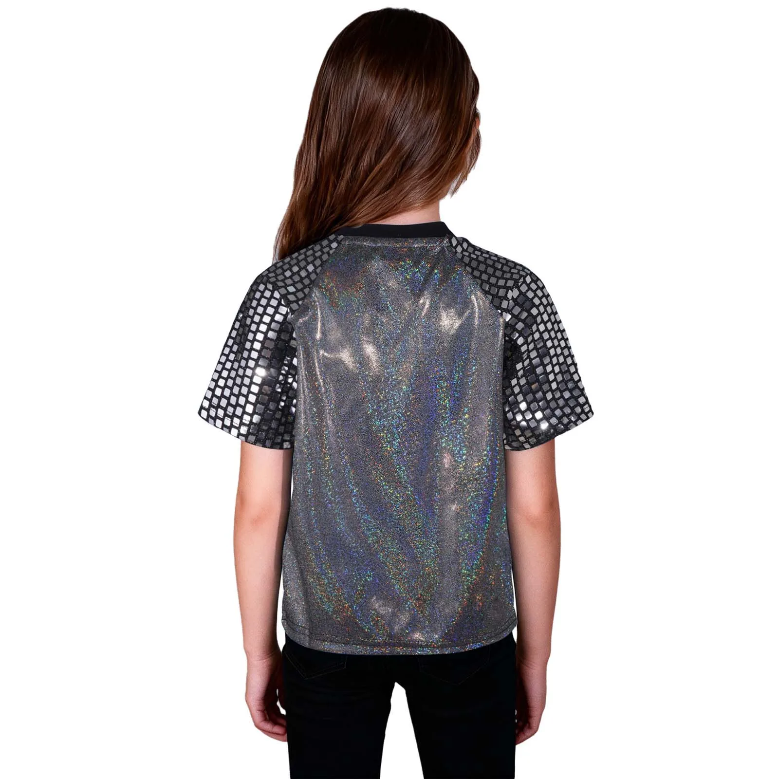 Unisex Kids Girls Boys Cheerleading Dance Tops Hip Hop Jazz Street Dance Costume Shiny Plaid Sequins Short Sleeves Metallic Tops