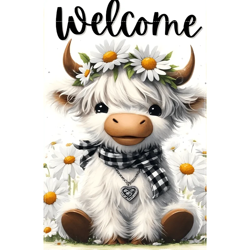 1 Hermosa bandera de bienvenida para jardín con diseño de vaca Highland blanca - Doble cara, lino impermeable, con diseño de corona de girasol