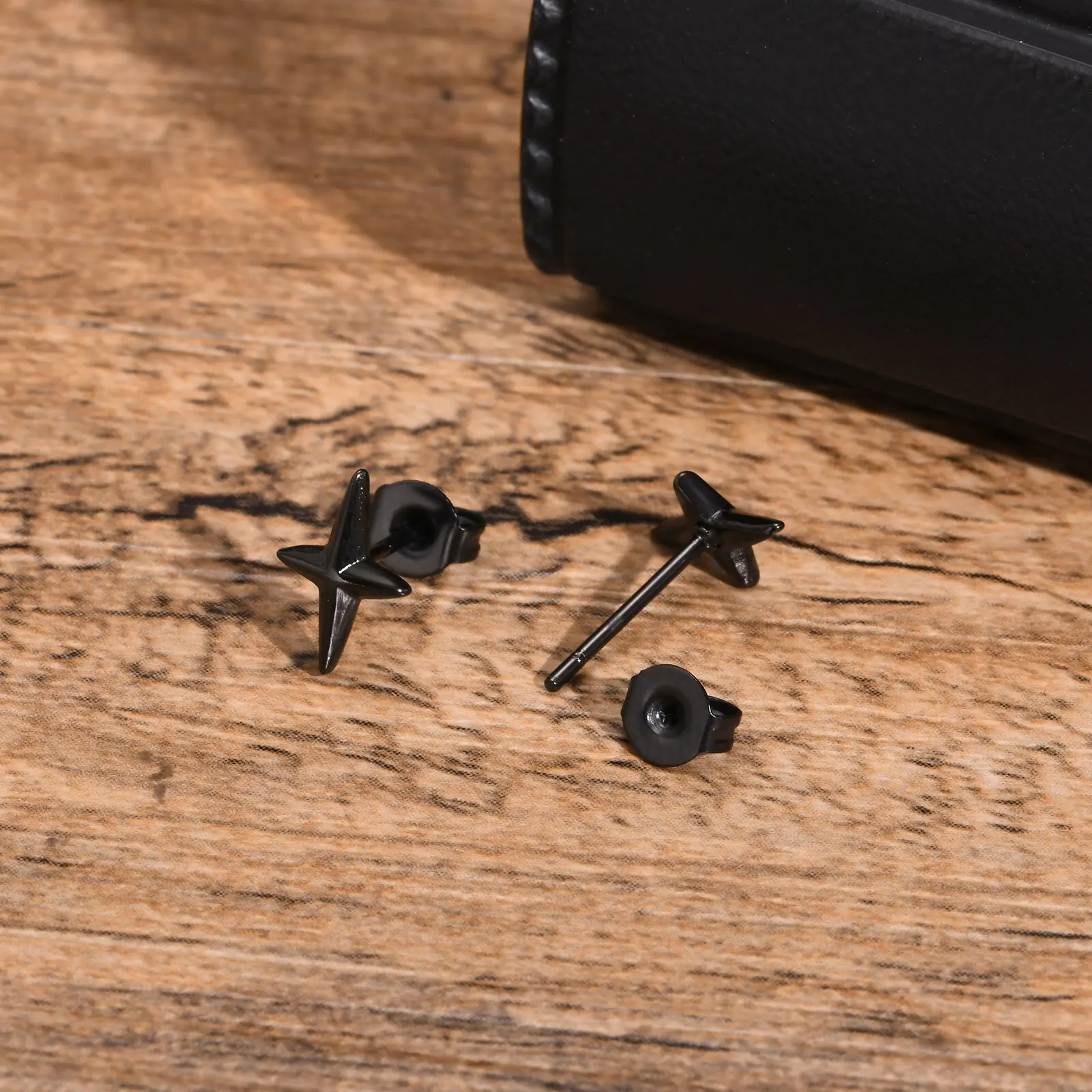 Black Star Stud Earrings for Men Boys,Stainless Steel Four Point Star Earring,Trendy Hiphop Jewelry