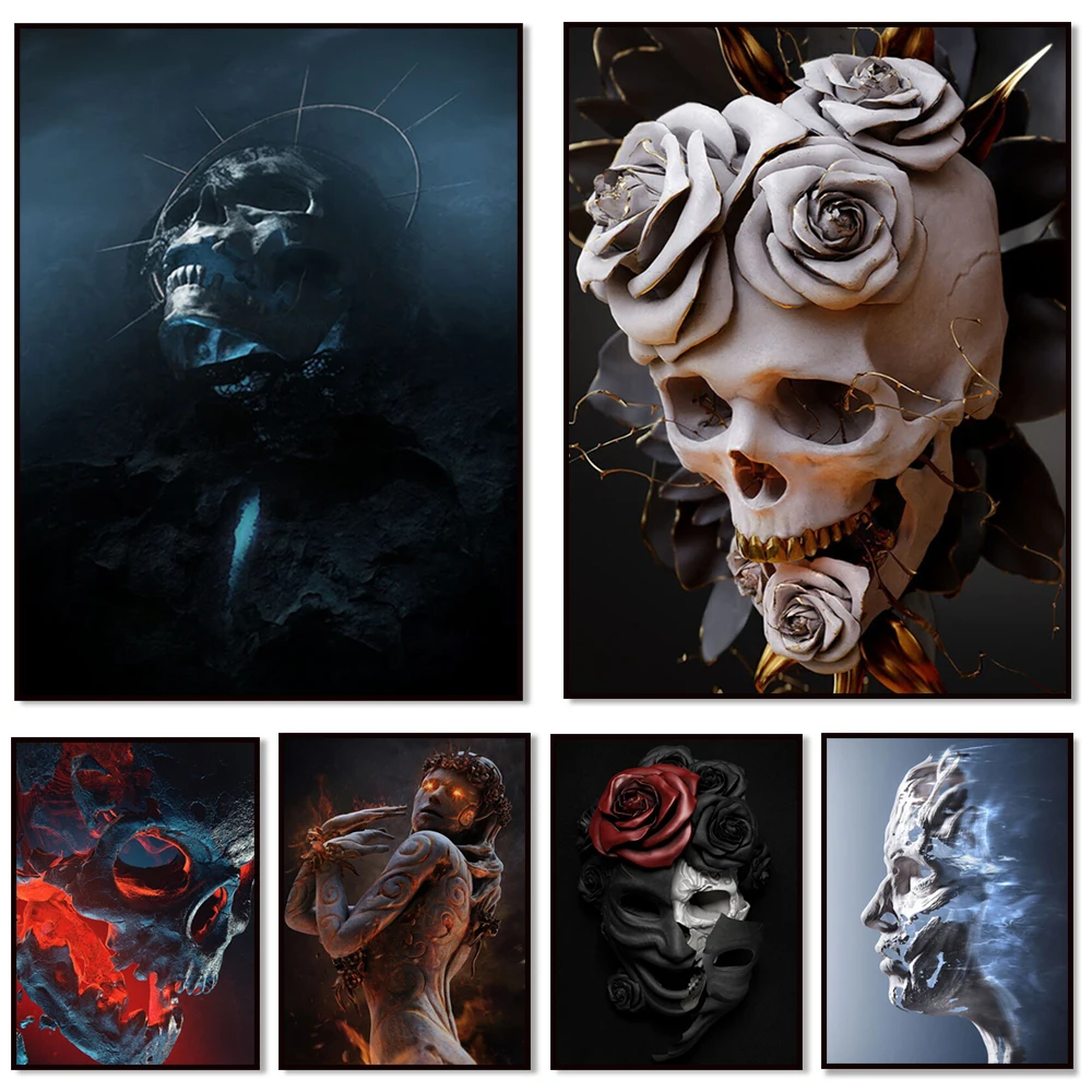 Impresión de póster de calavera, póster de arte oscuro, arte de pared gótico, blanco y negro, arte de pared de calavera, impresiones de alta calidad, belas artes