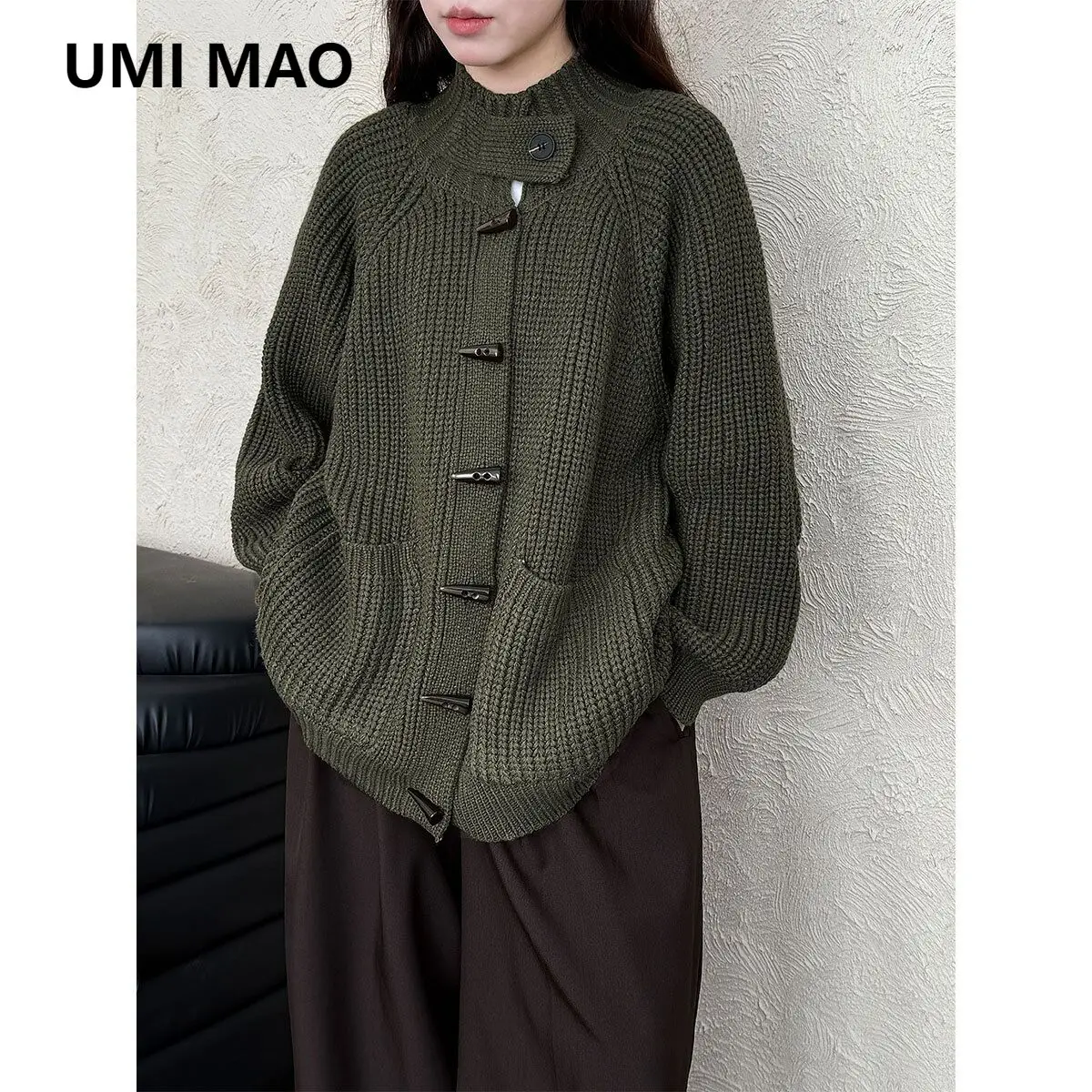 

UMI MAO French Style Tops Coarse Knit Lazy Style Sweater Jacket Women Autumn Winter Horn Button Cardigan Coat