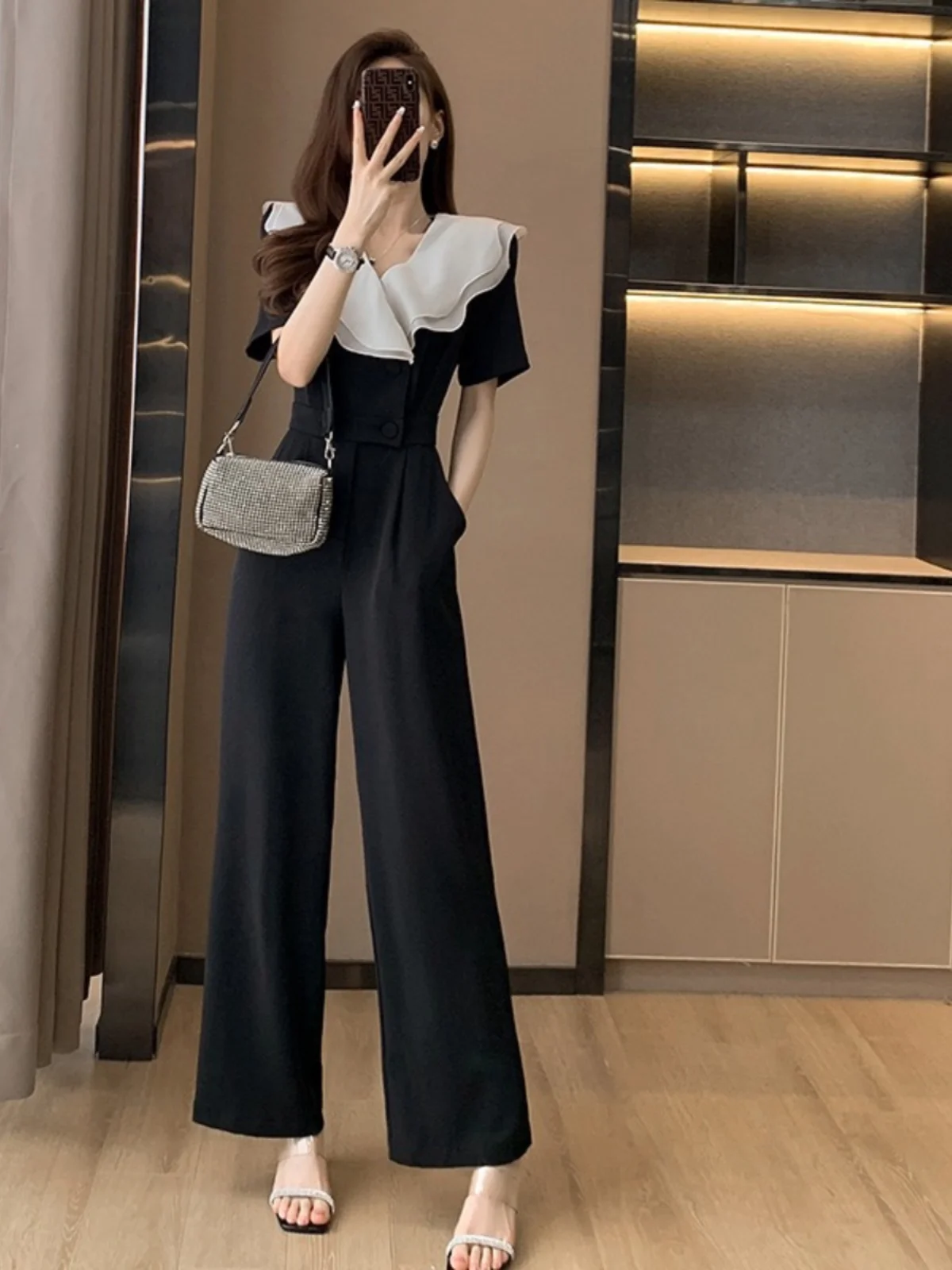 

Summer New Sle Thin awl Collar Wide Leg Suit Women's Casual Pants High Waist Nine Points Polyester Fiber
