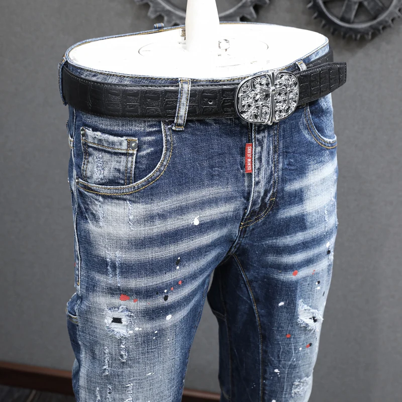 Fashion Designer Men Jeans Retro Blue Spliced Elastic Slim Fit Ripped Jeans Men Embroidery Vintage Trousers Hip Hop Pants Hombre
