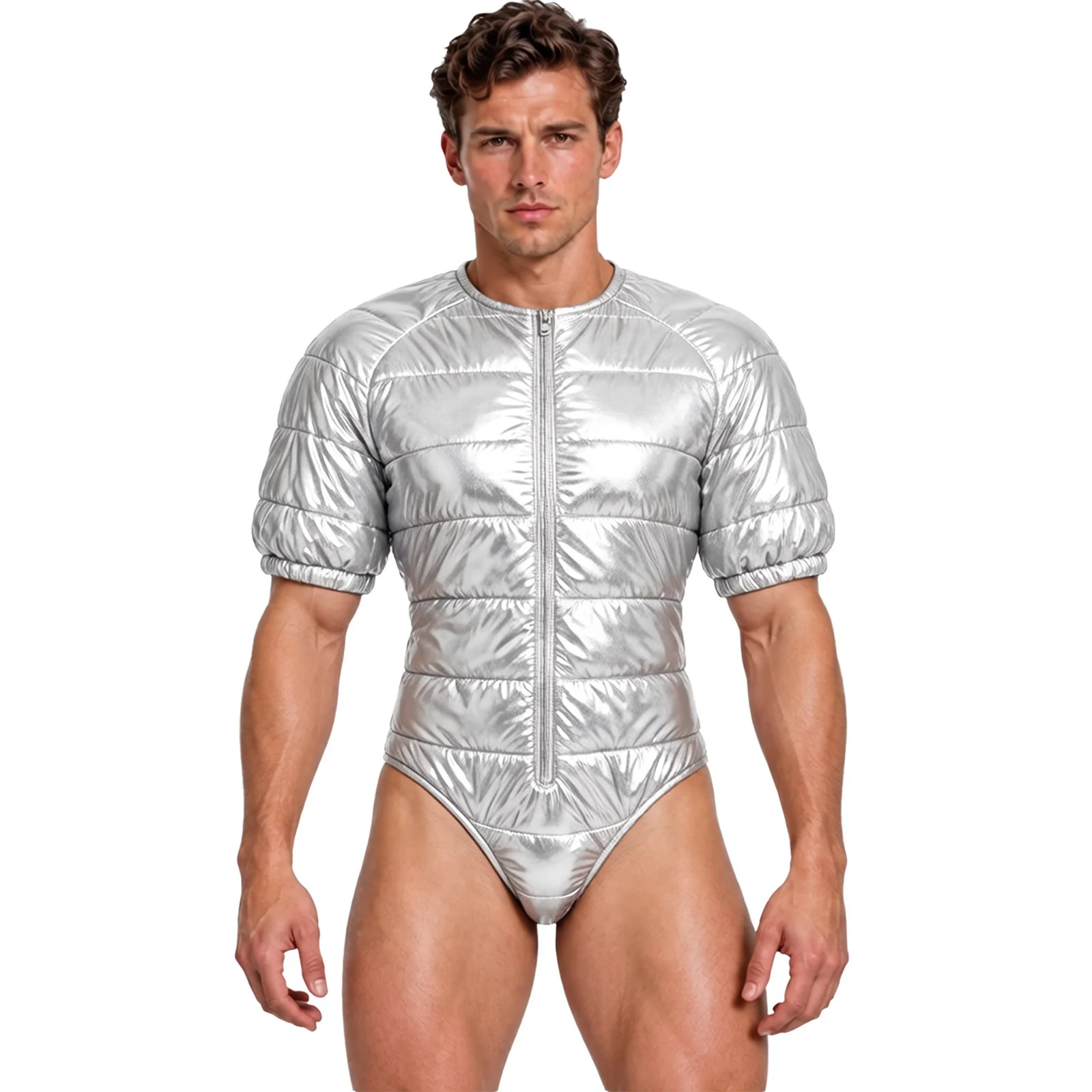 Mens Water Resistant Padded Bodysuit Zipper Front Short Sleeve Leotard Unitard for Outdoor Sports Running Jogging Daily Wear