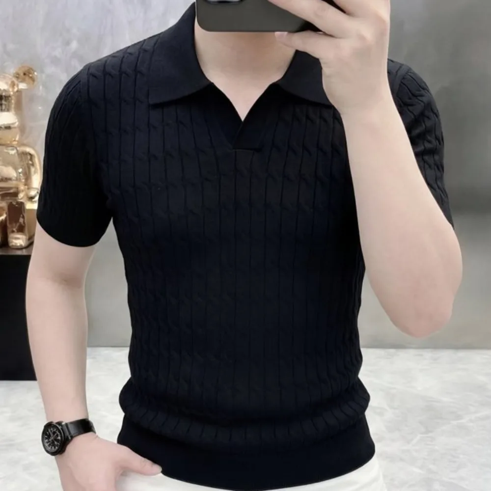 2026 British Slim Lapel Knitted Striped Casual  Polo Shirt Summer New V-neck Men's Solid Color Short-sleeved T-shirt