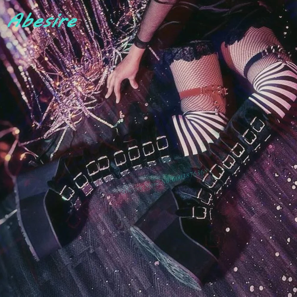 Punk Multi Metal-Buckles Platform Knee High Boots Round Toe Wedges Back Zipper Shoes for Women Rock Lolita Gothic Cool Shoes New view 5