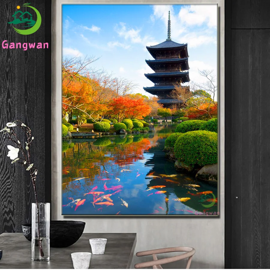 Diamond Painting cross stitch Japanese temple, koi, pond, autumn trees landscape Hobby Art 5D DIY Full Drill mosaic Home Decor