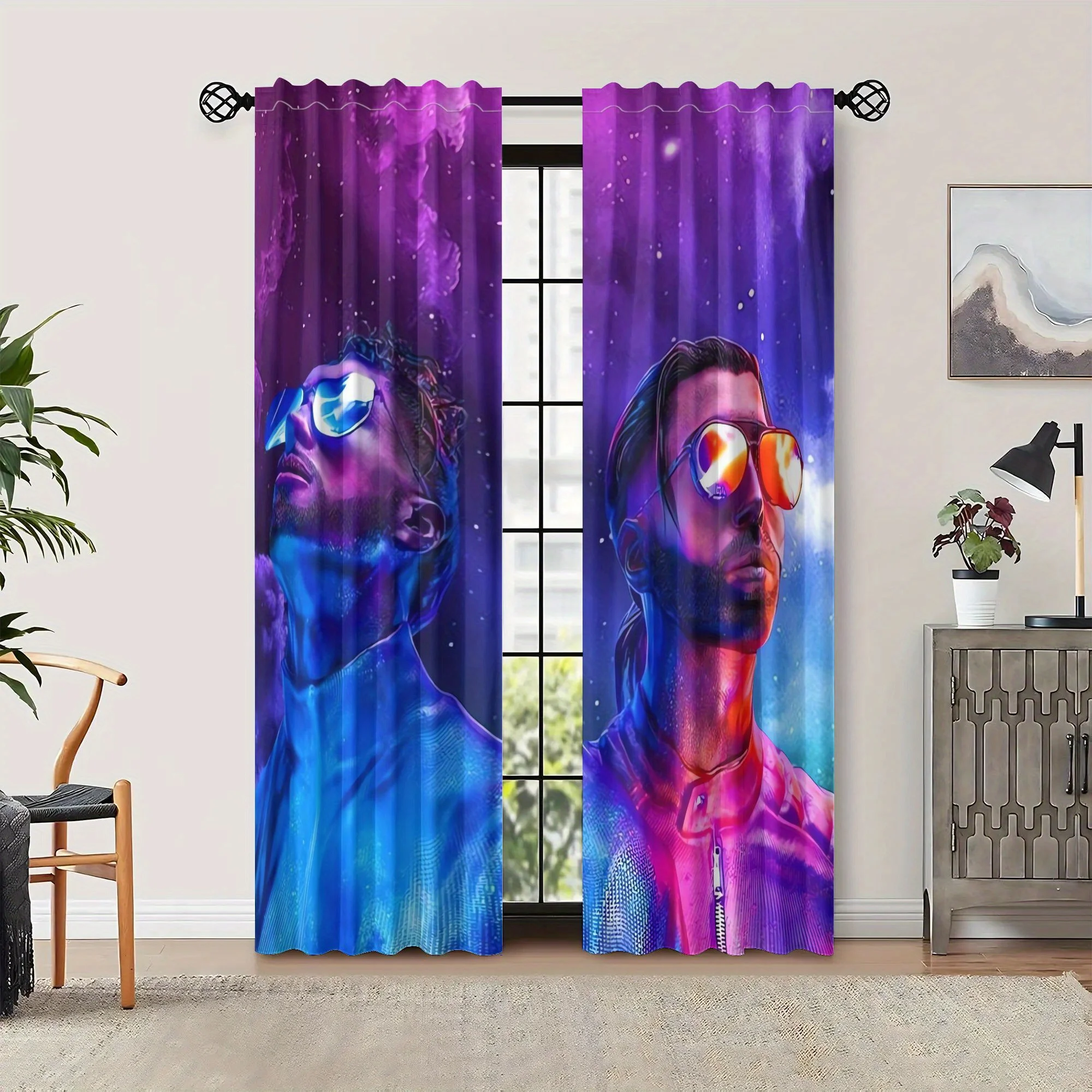 Cool Neon Portrait Curtains, Abstract Man with Sunglasses Print Drapes for Bedroom, Cyberpunk Style Window Treatment Home Decor