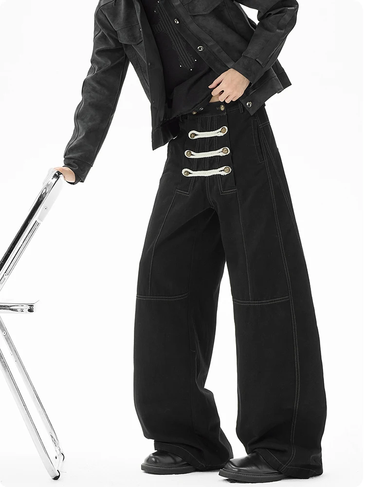 REDDACHiC Royal Men's Wide Leg Barrel Jeans Vintage Black Double Breasted Low Waist Loose Denim Cargo Pants Lounge Streetwear