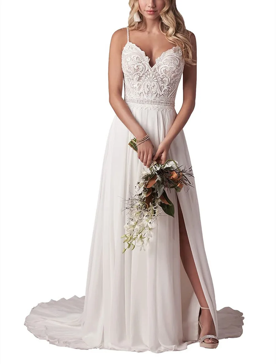 Vestido de novia 2026 nuevo vestido de novia de encaje sin espalda grande con cuello en V profundo Simple nupcial