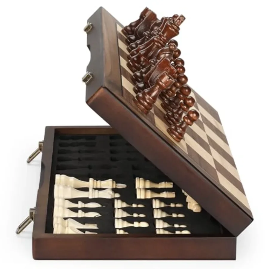 

Magnetic Wooden Chess Set for Tournament, Travel, and Home Use: Natural Wood Board, Black-and-White Pieces, Portable Folding De