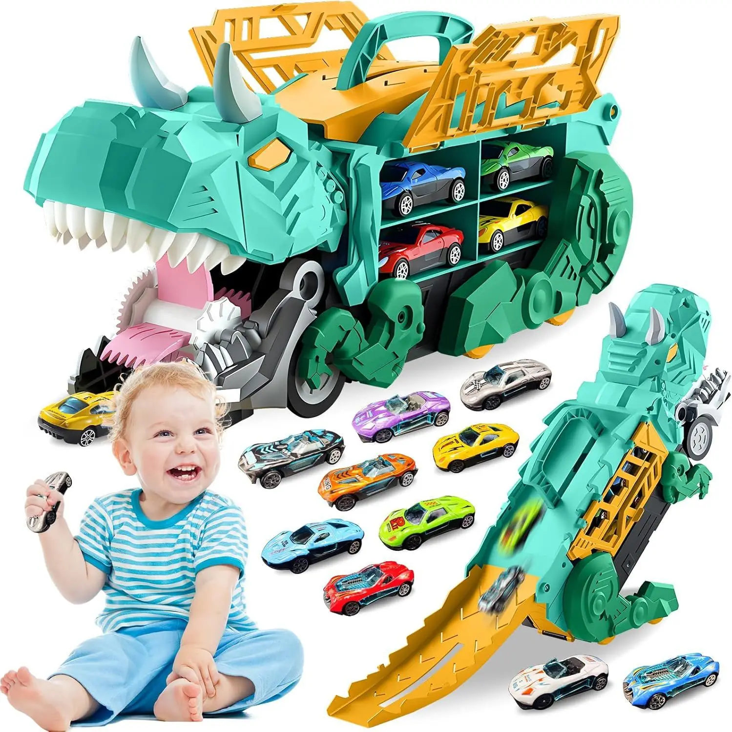 子供用恐竜輸送トラック、合金製車両6台入り、青-緑の恐竜レーストラック収納車、男の子へのプレゼント