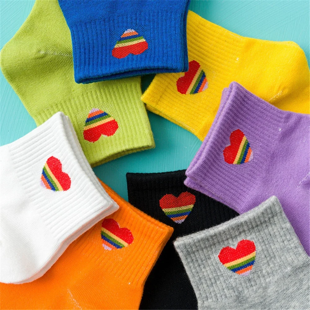 Candy Color Funny Socks for Women, Candy Color, Rainbow, Love, Heart, Harajuku, Cute Women, Bright Ankle Socks, Dropship