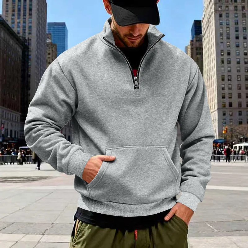 American Autumn and Winter New Style Plus Velvet Heavyweight Men's Simple Retro Casual Stand Collar Commuter Sweatshirt