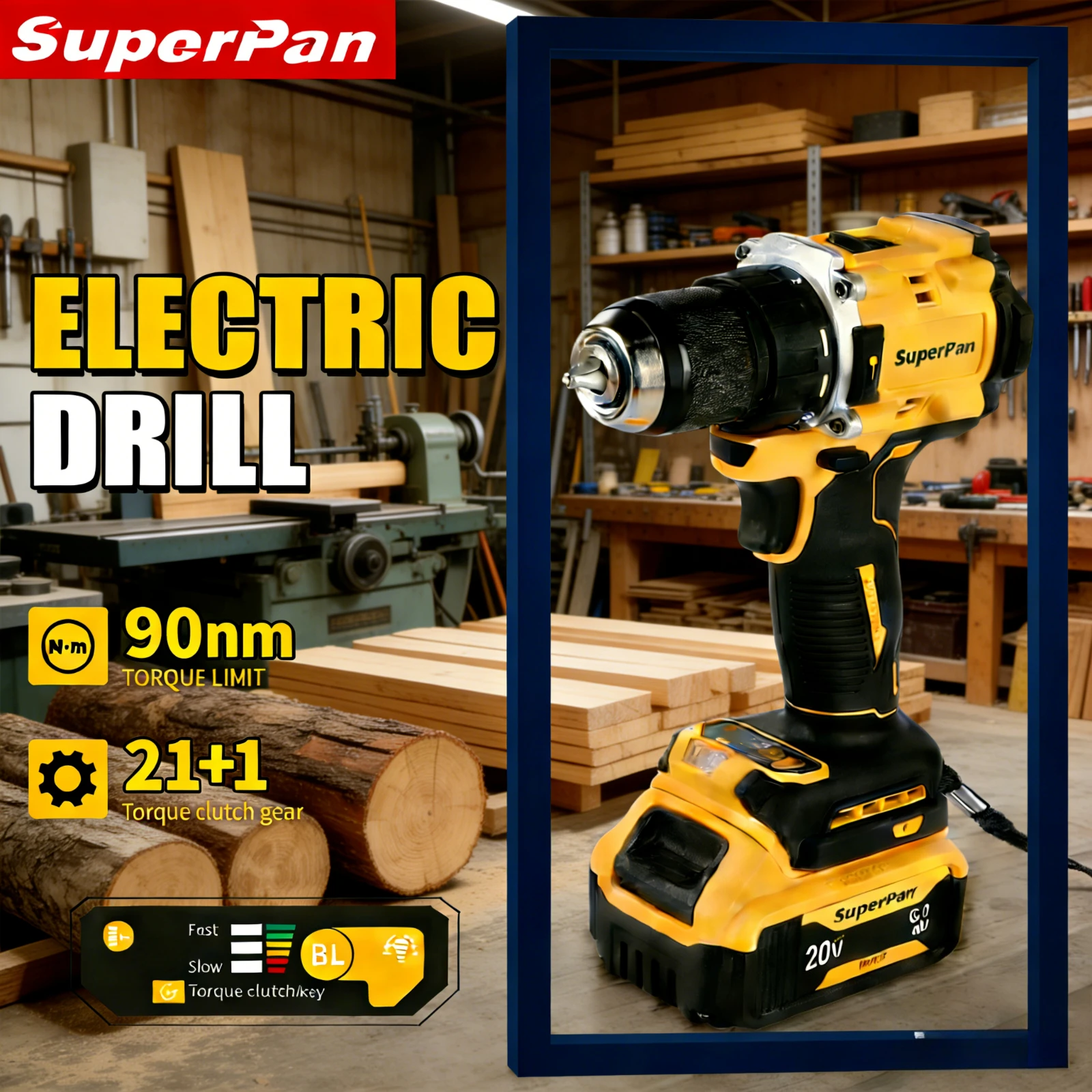 

Бесщеточная дрель SuperPan SP805, перезаряжаемая, с литий-ионным аккумулятором большой емкости, LED-подсветкой, реверсом, прочная, совместима с аккумулятором DeWalt 20V.