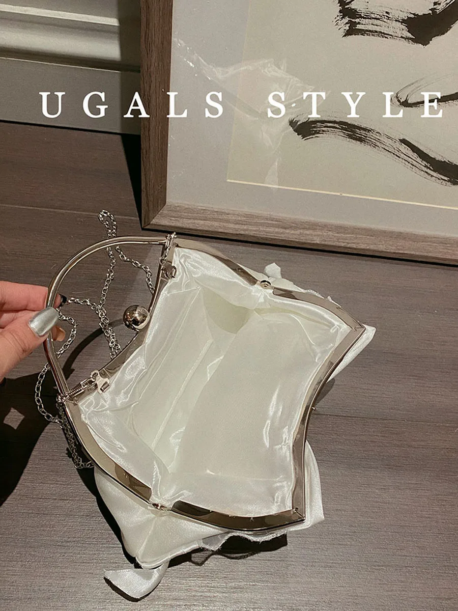 UGALS Fairy Folded Metal  Knot Clip Silk Dumpling Cloud Handbag Evening Party Tote Crossbody Bag Sweet Lady Style