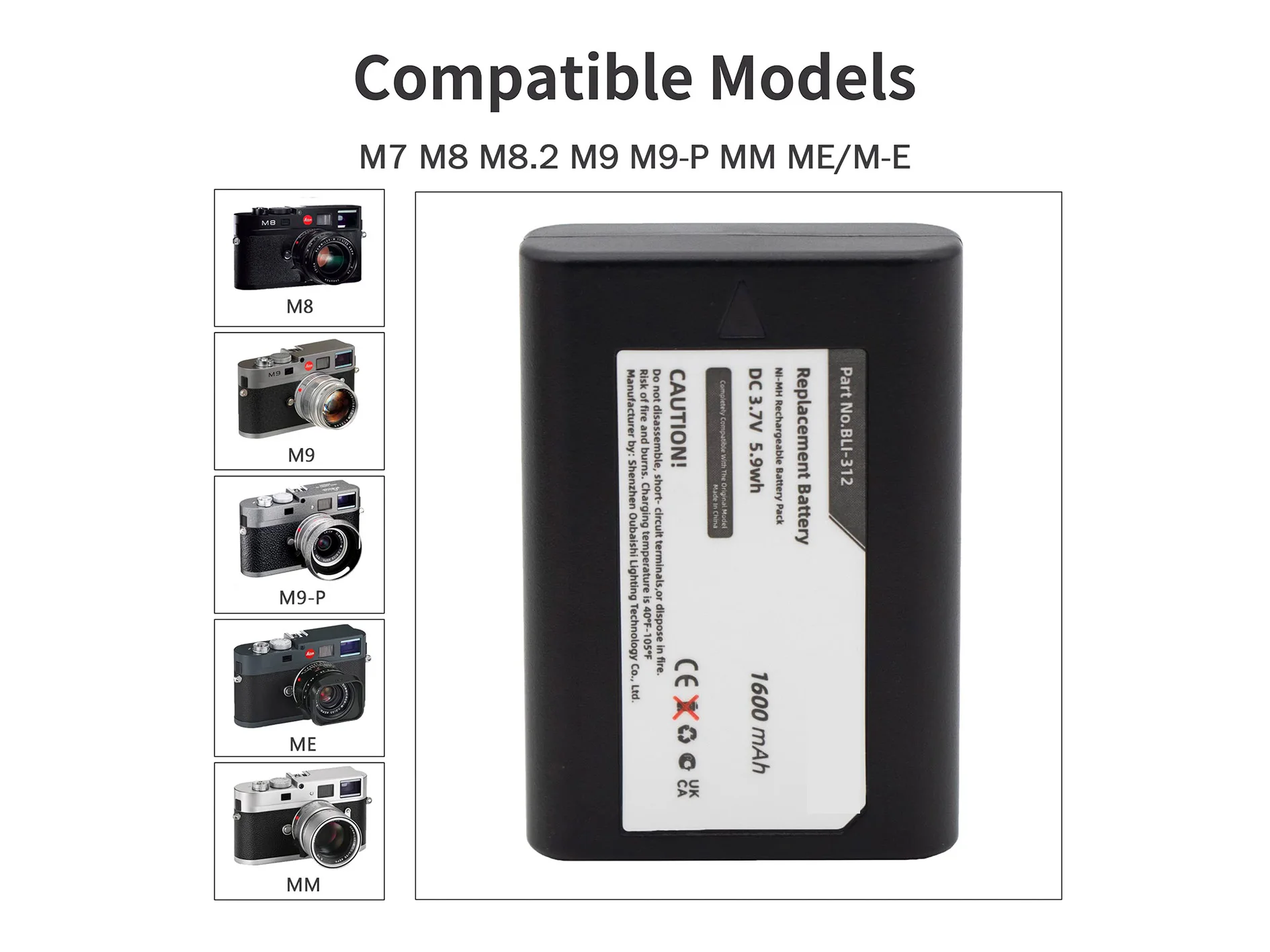 Replacement Battery for Leica  BM8, M8, M8.2, M9  14464 BLI-312 3.7V/1600mAh