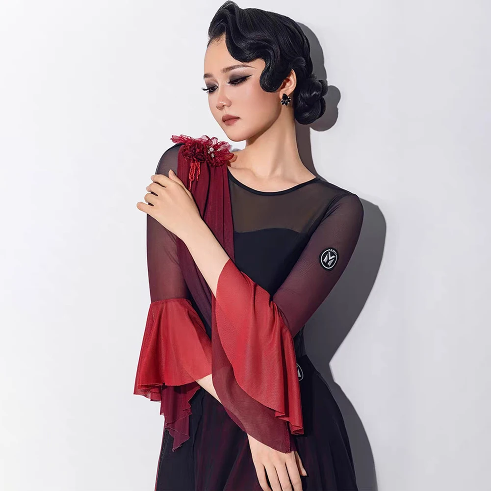 Valse – costume de compétition de danse moderne irrégulière, manches en corne, col rond, haut joint, jupe en arête de poisson dégradée, danse de salle de bal, nouvelle collection