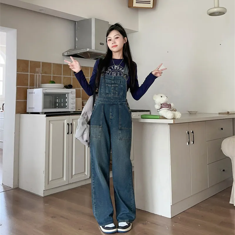2025 New Waed Denim Overalls Women's Loose Workwear Design High Waist Long Pants Cotton 00% No Stretch Blue Color
