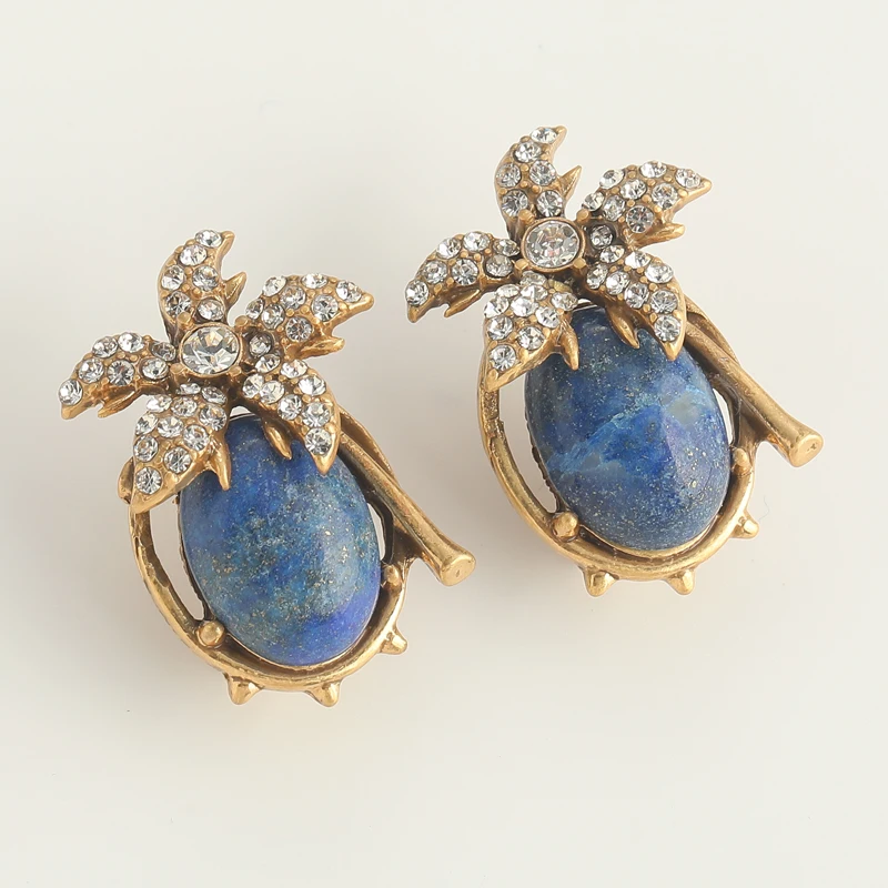 Vintage Lapis Lazuli Blue Earring Stud Flower Natural Stone Gold Color Rhinestone Jewelry Designer Quality Luxury 2025 Christmas