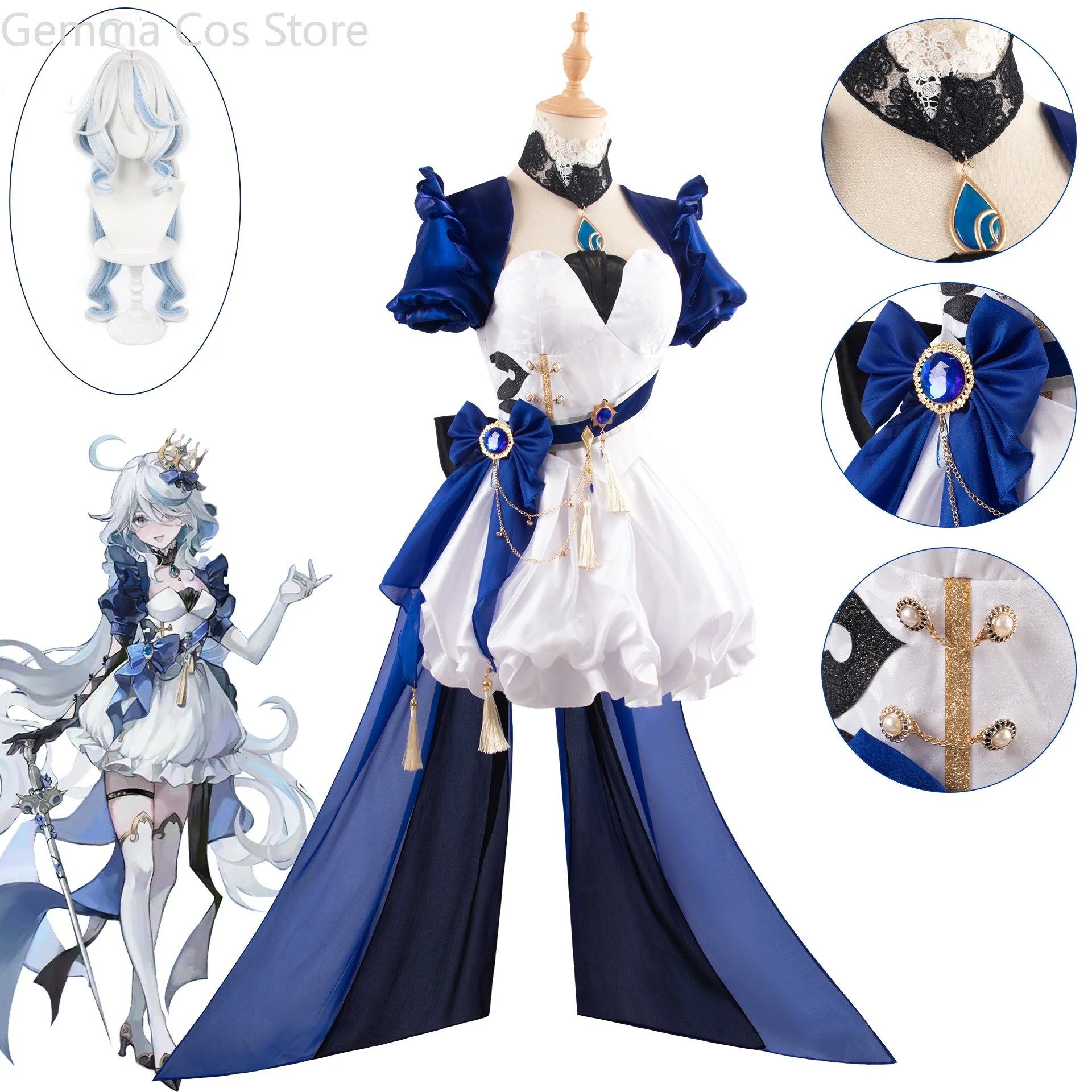

Genshin Impact Furina Aquamarine Alice Doujin Game Suit Gorgeous Dress Cosplay Costume Halloween Party Role Play Outfit Women