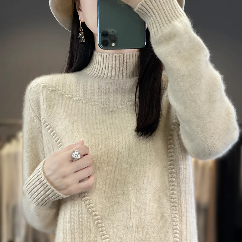 2023 Autumn and Winter New Cashmere Sweater Women Mock Neck Knitted Pullover Loose Heavy craftsmanship Cashmere Sweater Women