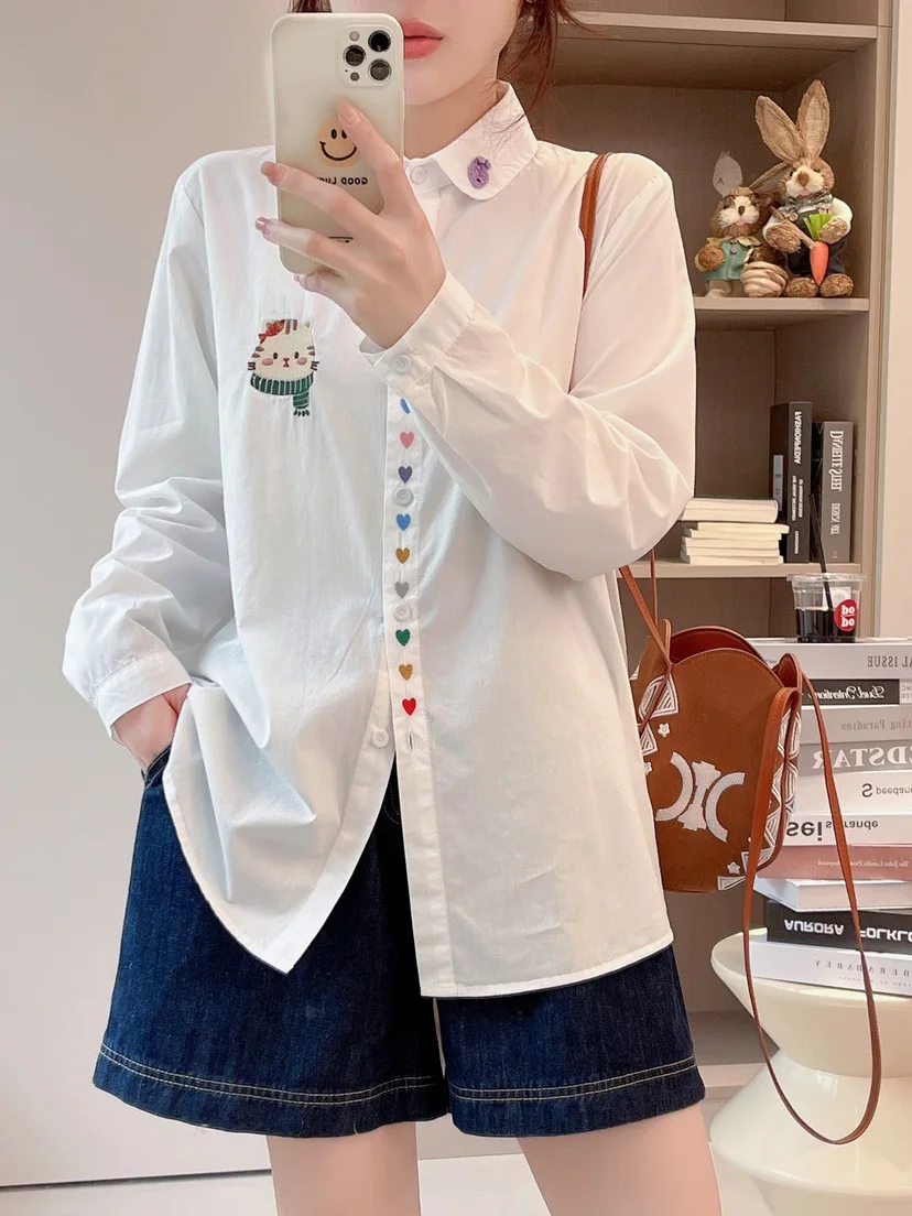 New Autumn Cotton Embroidery Shirts Women Lapel Collar Tops Girl Long Sleeve Striped Loose Blouses Versatile Spring T39718QC